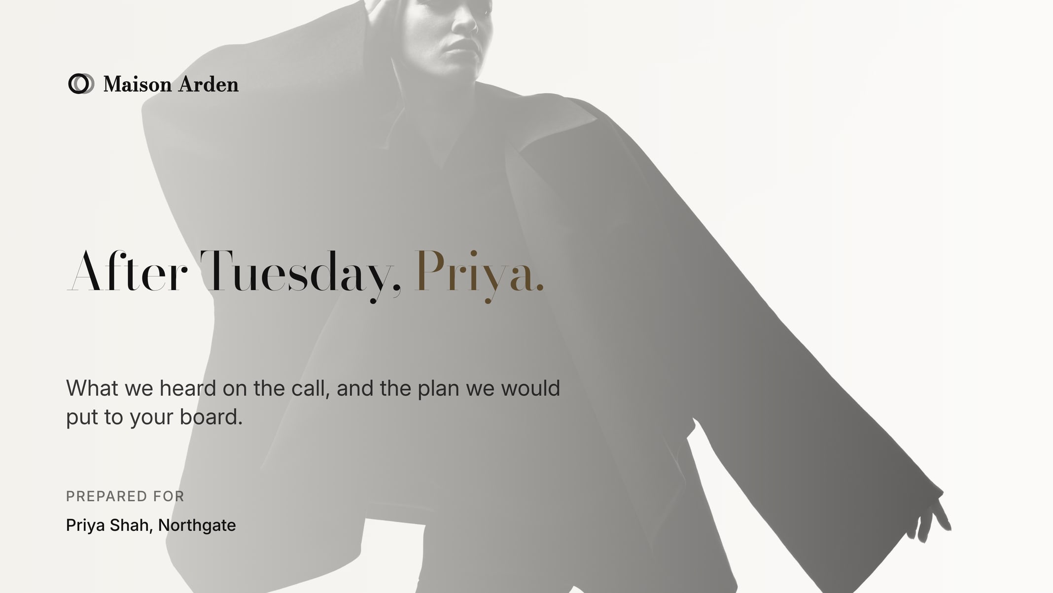 A sales follow-up cover in the Maison Arden sample brand kit